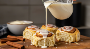 What does pouring heavy cream on cinnamon rolls do?