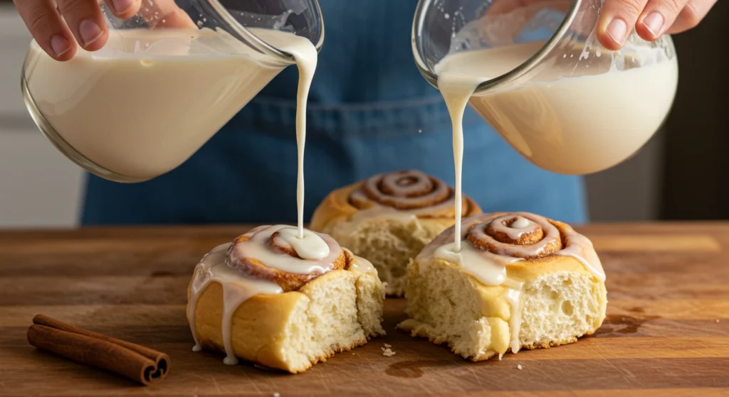 What does pouring heavy cream on cinnamon rolls do?